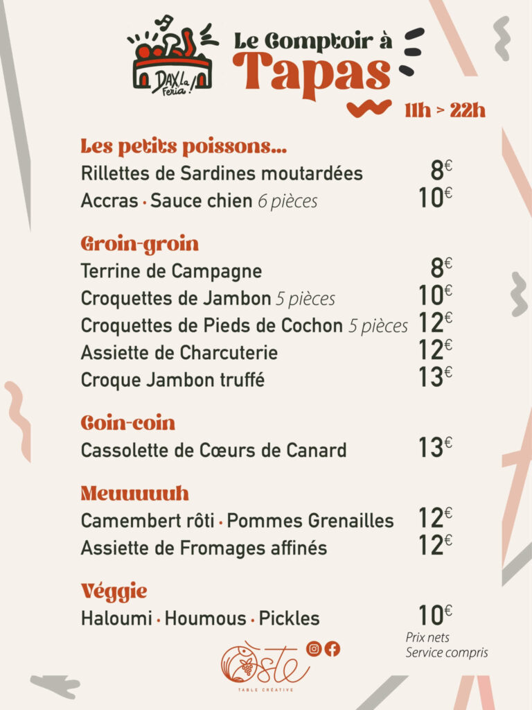 carte des tapas la guinguette oste fêtes de dax 2026
