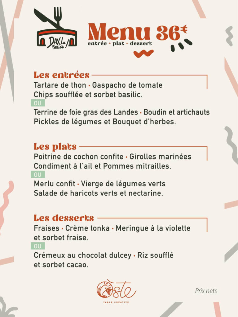 menu des fêtes de dax 2026 chez oste restaurant